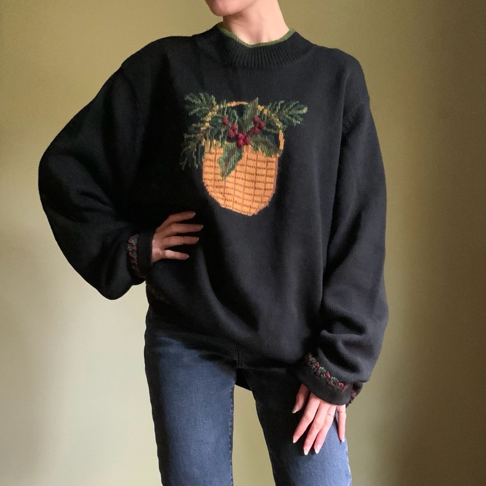 Vintage Berry Basket Sweater, Thick Cotton Holiday Sweater, Embroidered